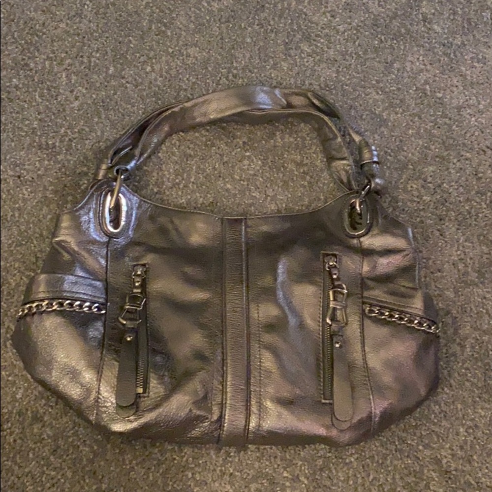B. Makowsky Pewter Metallic Leather Handbag, EUC